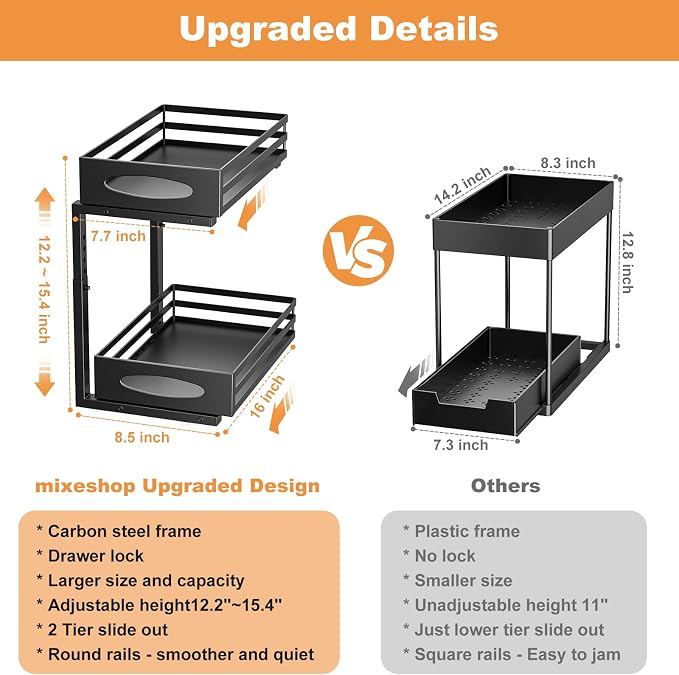 mixeshop Under Sink Organizer, 2 Tier Under Sink Organizers and Storage, Adjustable Height, Slide out Metal Cabinet Organizers, Pull out Cabinet Storage Drawer Shelf for Kitchen Bathroom (Black, 2)
