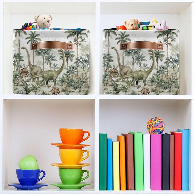 Dinosaur Palm Trees White Rectangular Storage Bin Basket with Handles - Organizer Bin for Books Clothes Laundry Basket for Pets Playroom
