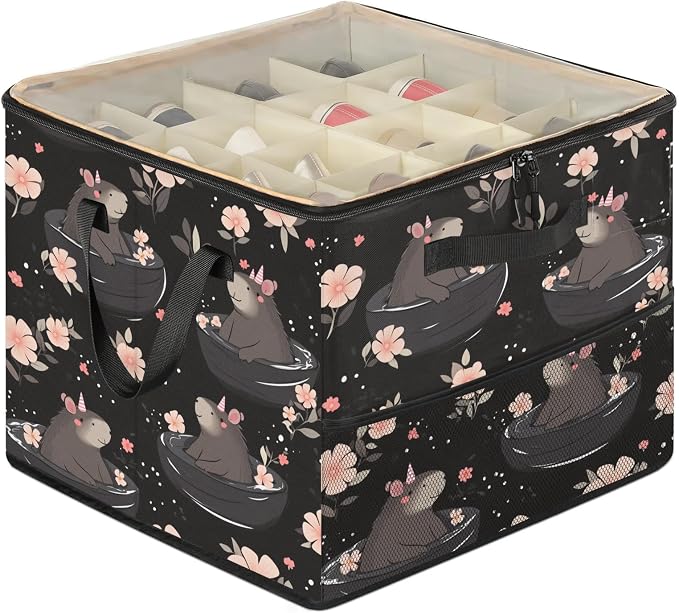 TropicalLife Capybara Cherry Blossom Shoe Organizer for Closet | Foldable Shoe Storage Organizer Box Bin with Adjustable Dividers and Clear Cover, Fits up to 16-32 Pairs