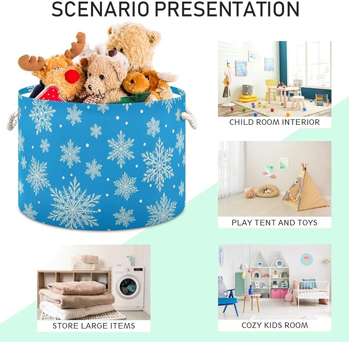 DOMIKING Large Storage Basket for Toys Snowflakes Christmas Blue Print Storage Bin Box Kids Laundry Hamper for Nursery Clothes Toys Books Home Decor