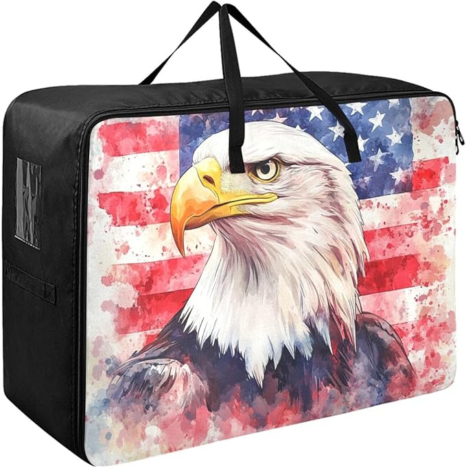 Comforter Storage Bags Large Folding Blanket Organizer Bag with Strong Handles Clear Window Closet Storage Containers for Clothes King Queen Pillows Bedding Quilt Duvet Bald Eagle Usa Flag 4th