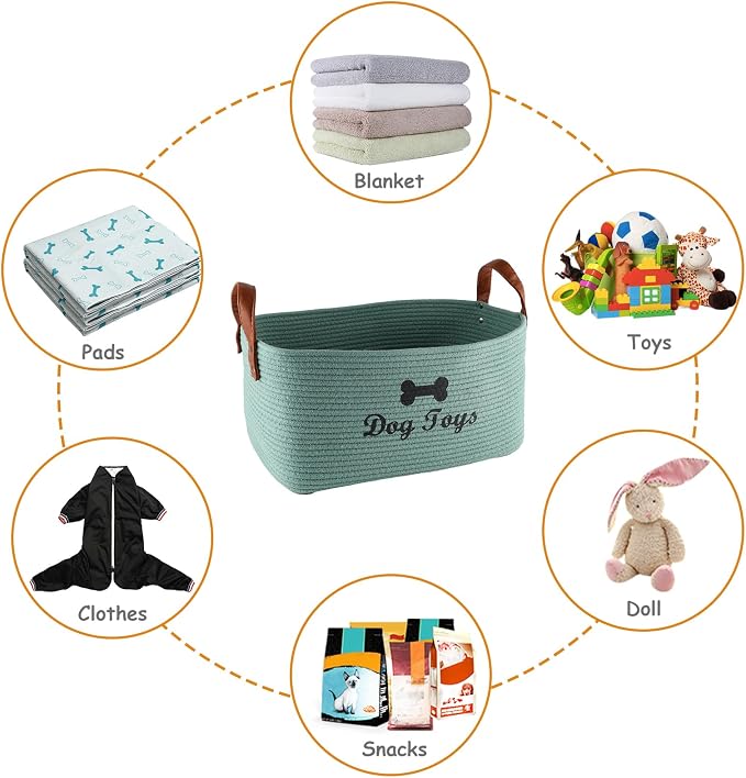 X-Large Cotton Rope Dog Basket with Leather handle Blanket Storage Basket Decorative Clothes Hamper Basket | Extra Large Baskets for Blankets or Laundry-Geen