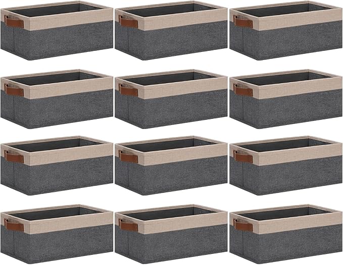 GhvyenntteS Small Fabric Storage Bins 12 Pack, 11.8" x 7.87" x 5.11" Storage Basket with Leather Handles, Closet Storage Bins for Shelves, Storage Baskets for Shelves, DVD Storage (Grey&Beige Yellow)