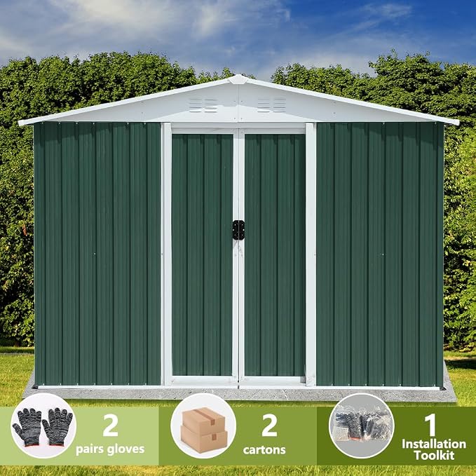 8' x 6' Outdoor Metal Storage Shed Outdoor Shed Galvanized Steel Garden Shed with Sliding Door and Window for Ventilation Storage Sheds House for Backyard Garden（Green）