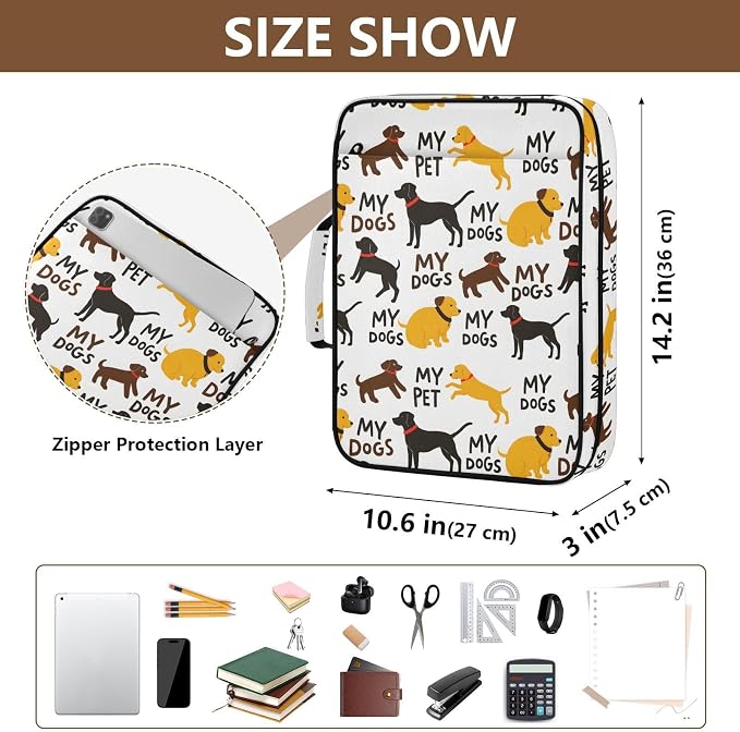SUABO Pet Dogs Yellow Black Expanding File Folder Binder Bag | Accordion File Organizer with Zipper & Labels, 3 Ring Binder, Multi Pockets for Office School Home Portable Lightweight