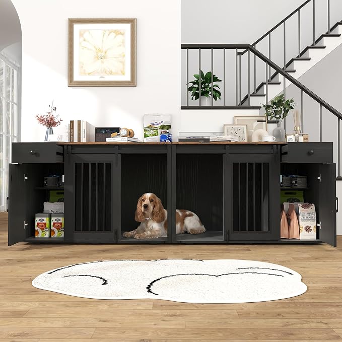 Verano Garden 88" Dog Crate Furniture, Dog Kennel Cage, Black (88") | 2-in-1, Lockable, Decorative, Sliding Door, Removable Divider, Adjustable Shelf, Farmhouse, Heavy Duty, Small Medium Dogs
