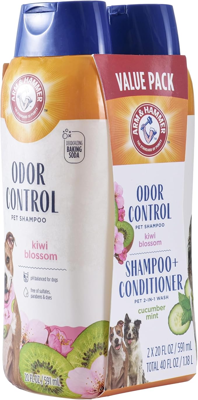 Arm and Hammer for Pets Dog Shampoo Combo Pack with Baking Soda for Odor Control | Deodorizing Kiwi Blossom Dog Shampoo and 2-in-1 Shampoo & Conditioner Cucumber Mint | 20 Oz Bottles