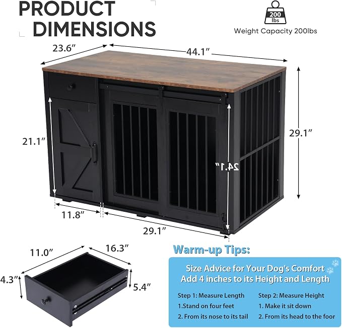Verano Garden 44" Dog Crate Furniture, Dog Kennel (44" Left Facing Door) | 2-in-1, Lockable, Sliding Door, Removable Divider, Adjustable Shelf, Farmhouse, Heavy Duty, Small Medium Dogs, Black