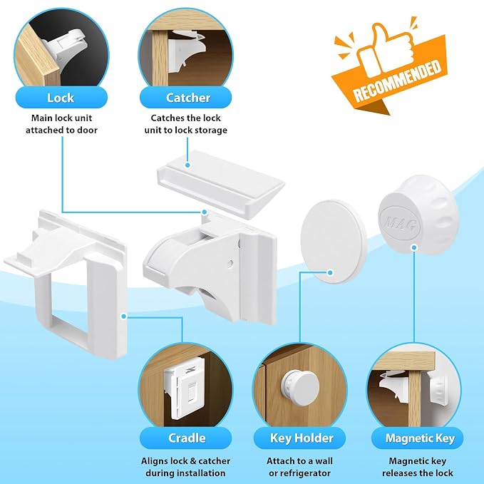 AILUOQI Baby Proofing Magnetic Cabinet Locks (3 Pack) Cupboard Drawers Latches Magnet Locks for Cabinets (1 Key)