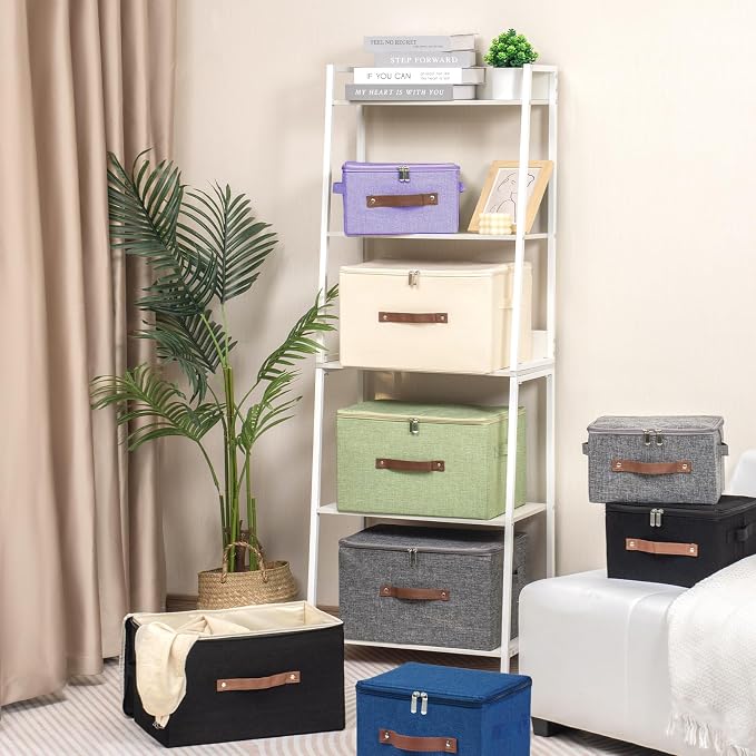 Storage Bins with Zipper Lid Decorative Lidded Storage Boxes | Collapsible Cotton Linen Fabric Storage Baskets, PU Leather Handle, Stackable Shelf Closet Organizer Container(Purple, Small)