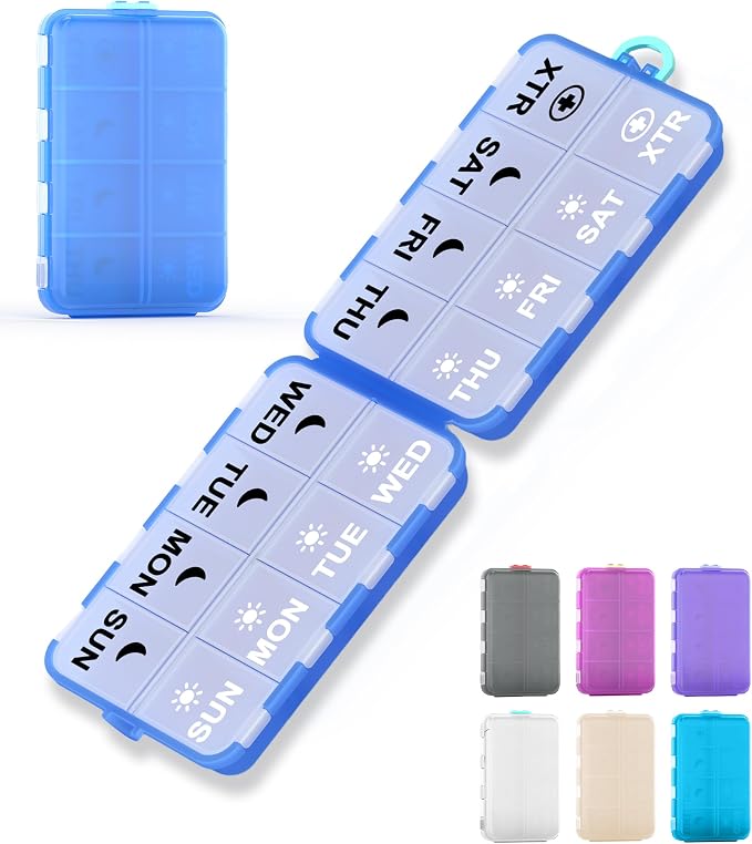 Pill Organizer Travel Medicine Organizer - Weekly Pill Organizer with 2 Extra Compartments, Clear Printed Labels, AM PM Pill Dispenser