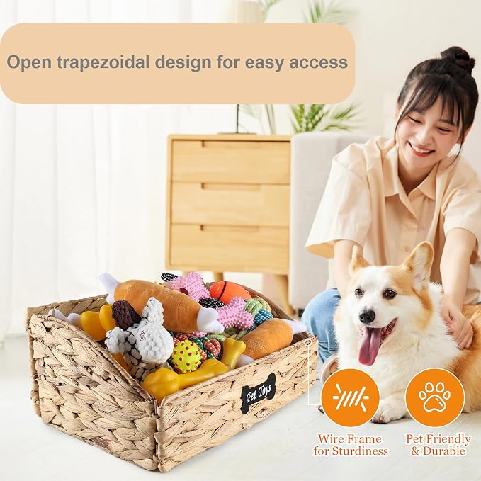 Trapezoid Pet Dog Toy Basket,Collapsible Dog Toy Bin,Wicker Basket for Dog Cat Toys,Pet Toy Box,Dog Storage Organizer for Leash Blanket Toys Snacks-Natural Farmhouse Water Hyacinth