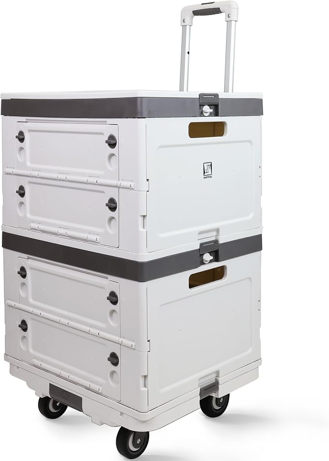 Wellmax Foldable Utility Cart & Rolling Crate – 132 lbs Capacity, Silent Wheels, Aluminum Handle + Bonus Collapsible Basket