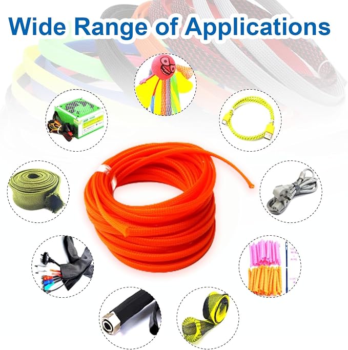 Heyiarbeit 10m/32.8ft PET Expandable Braid Cable Sleeving Flexible Wire Mesh Sleeve Orange 6mm