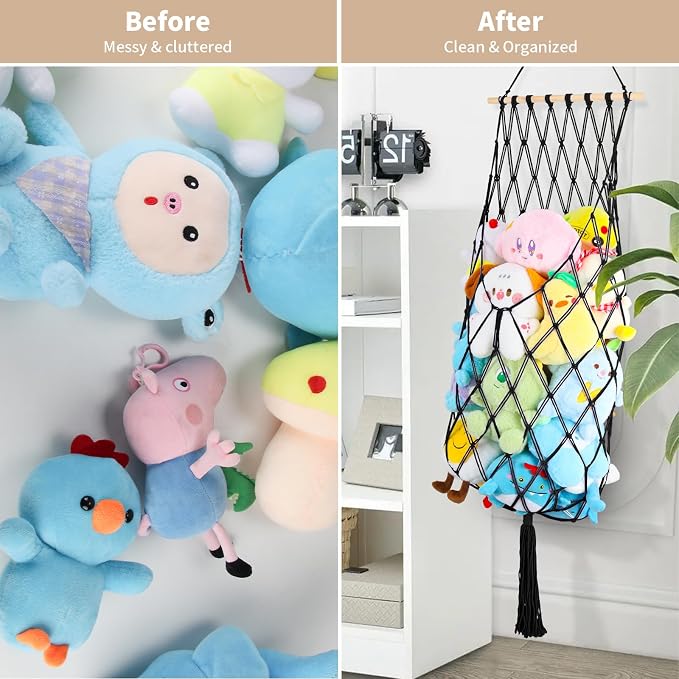 68 Inch Stuffed Animal Storage Net Corner Stuffy Hammock,Black | Boho Macrame Large Toy Hammock for Stuffed Animals Organizer,Wall Ceiling Over Door Stuffy Storage Holder,Nursery Room Decor