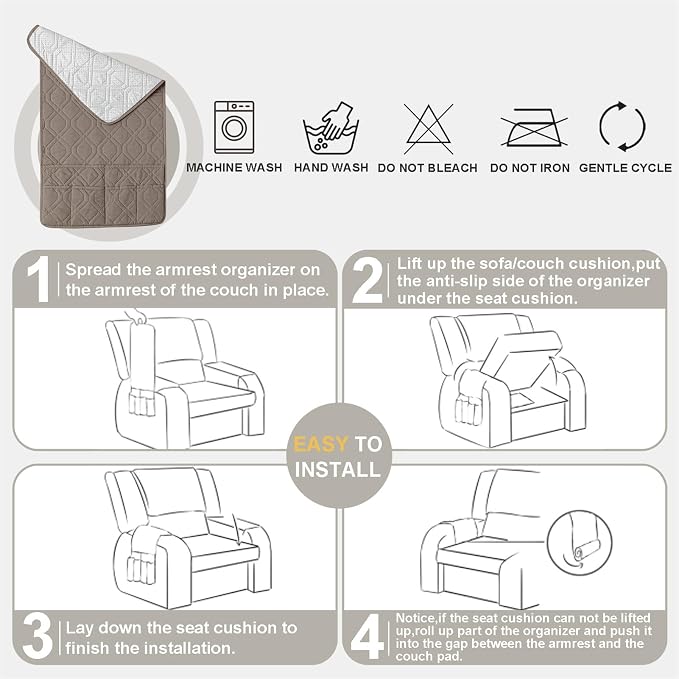 Waterproof Armrest Chair Covers with 6 Side Pocket 1 2 3 Seater Anti-Slip Chair Headrest Cover Armchair Slipcover Washable Protector for Pets Leather Sofa Couch (Gray Brown,2 Seater 4PCS)