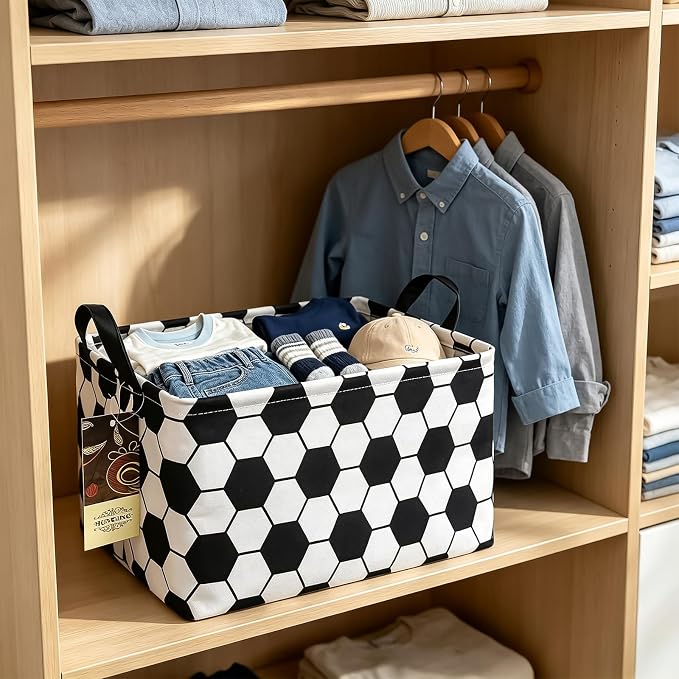 Rectangle Foldable Storage Basket Handles For Home, Football | Waterproof canvas material, reinforced handles, perfect for shelf use, organizes clothes, daily items and pet supplies