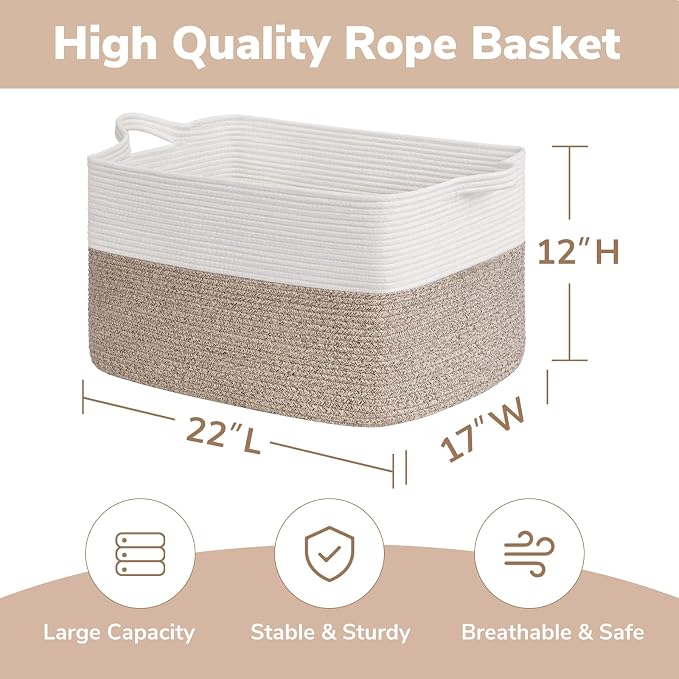 Goodpick 75L Extra Large Woven Blanket Basket, 22" x 17" x 12", Light Brown | Decorative Storage Basket for Blankets, Pillows & Toys, Cotton Rope Basket for Living Room & Bedroom, Stylish Home Decor