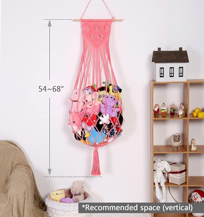 Stuffed Animal Hammock Wall Hanging Net for Stuffed Animal Net Stuffed Animal Storage Plush Toy Holder Toy Organizer for Boho Kidroom Playroom Nursery Decor (Pink)