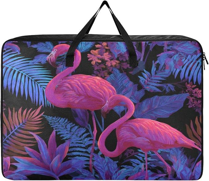 Comforter Storage Bags Large Folding Blanket Organizer Bag with Strong Handles Clear Window Closet Storage Containers for Clothes King Queen Pillows Bedding Quilt Duvet Blue Purple Flamingo Pal
