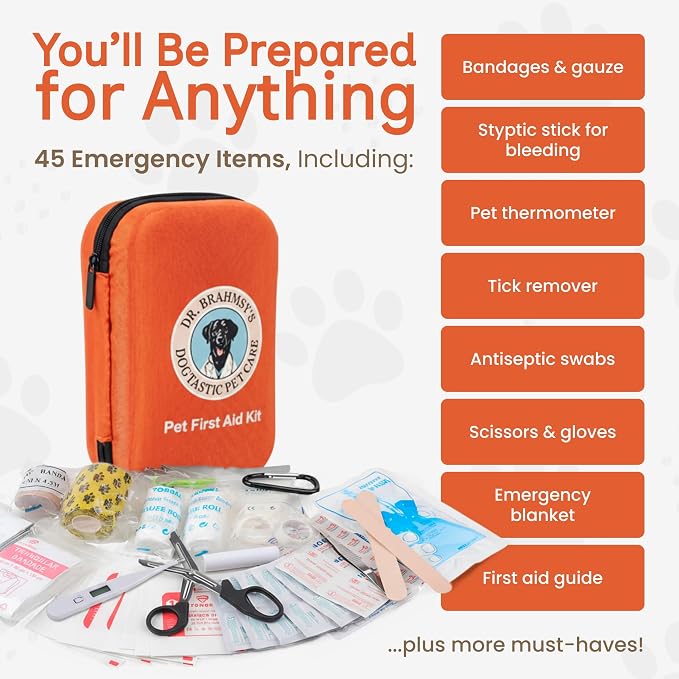 Dr Brahmsy’s Pet First Aid Kit for Dogs and Cats - Vet-Approved Essential Survival and Emergency Supplies for Home, Travel, Camping, Hiking - Packed in a Portable Waterproof Pouch - 45-Piece Set