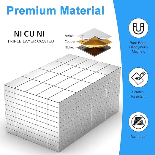 200 Pack 10x5x2 mm Rare Earth Neodymium Magnets | Powerful Small Strong Metal Rectangular Bar Magnetic Strip Magnet for Fridge Garage Kitchen Science Craft Office, Silver