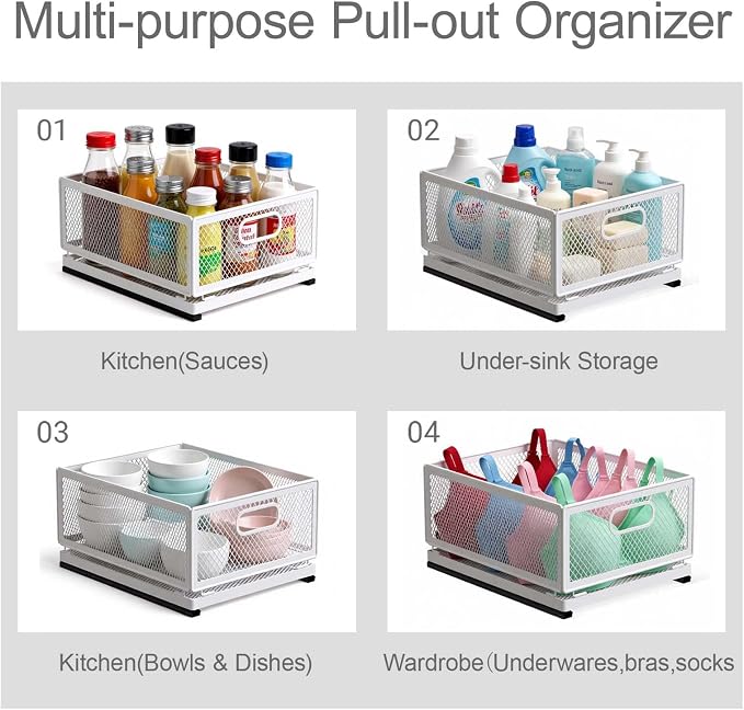 Slide-Out Storage Baskets W9.4"xD11.8"xH6.1" Rustproof Carbon Steel pull out Organizers with Super Strong Adhesive for Home Kitchen Drawers, Shelves, Cabinets