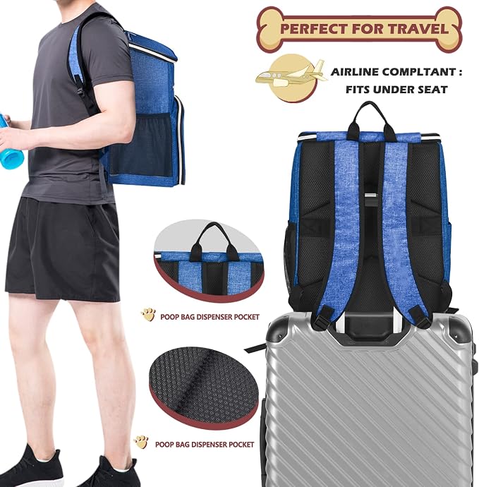 BAGLHER丨Dog Travel Bag Backpack, Airline Approved Pet Supplies Backpack, Dog Travel Bag with 2 Silicone Collapsible Bowls and 2 Food Baskets Blue