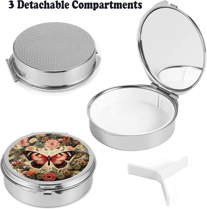 Small Pill Box 3 Detachable Compartments Pill Case with Mirror 2.4inches Pocket Round Medicine Organizer, Mini Portable Pill Organizer for Pocket Purse& Travel Convenience-Butterfly Flower Red
