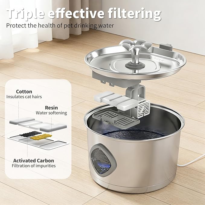 Stainless Steel Cat Water Fountain - Super Quiet Drinking Fountain for Cats 2.8L/95oz,with Flower Kitty Spout and Water Level Window Cat Fountain,Ideal for Multi-pet Homes