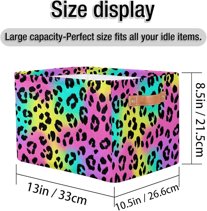 Leopard Basket Storage Bins Rectangle Canvas Basket Cube Storage Box | Nursery Foldable Basket with Handle for Kids Girls Boys Toys Living Room Closet Organizer Shelf Gifts Rainbow Neon