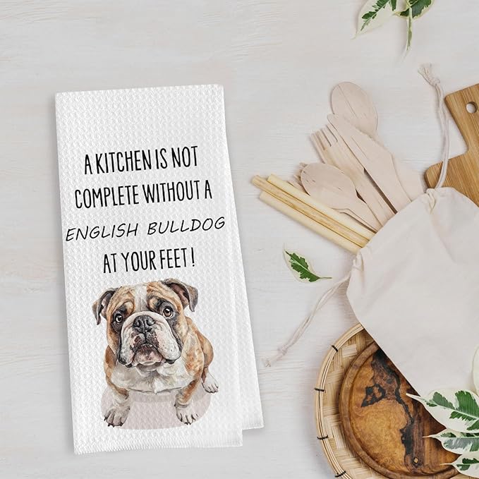 English Bulldog Dish Towels - Funny English Bulldog Decorative Waffle Weave Kitchen Towels, Hand Tea Towel (16×24 Inches)