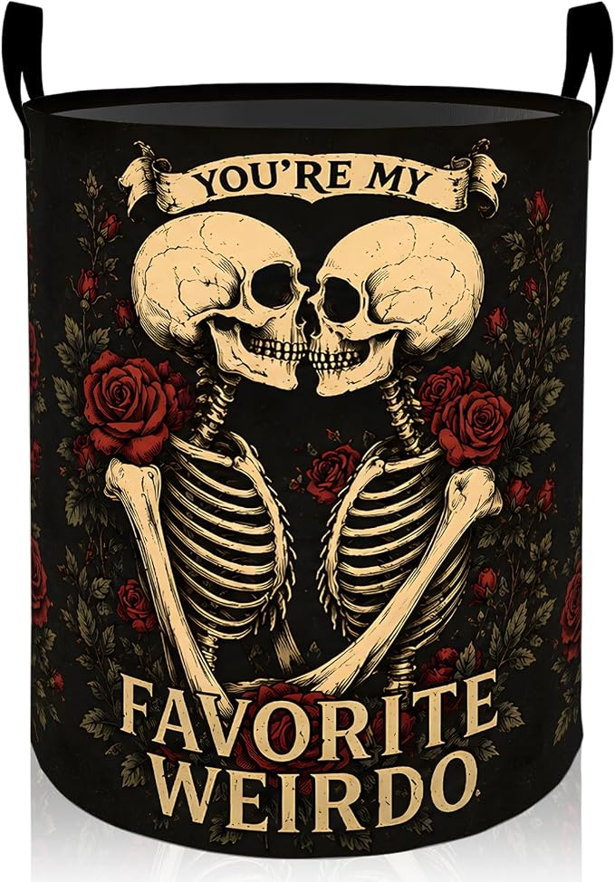 Skeleton Rose Floral Laundry Basket, Gothic Skull Foldable Oxford Cloth, Waterproof Dirty Clothes Hamper with Handles, Clothing Storage Bin Toy Organizer for Bedroom Dorm Bathroom, 19.7"x15.7"
