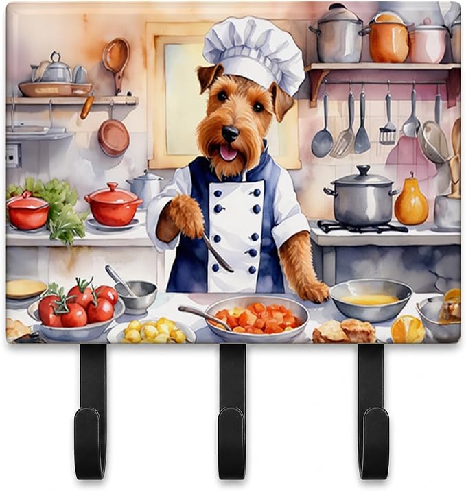 Caroline's Treasures Welsh Terrier The Chef Leash or Key Holder Wall Hooks, Key Hooks Holder, Coat Rack Wall Mount, Coat Hooks, Hooks for Hanging Keys, Towels, Aprons, Leashes | Welsh Terrier The Chef artwork on ceramic tile with three steel hooks for ...