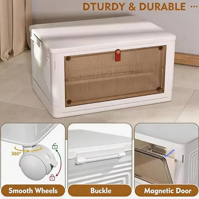 Foldable Stackable Pet Supplies Storage Bin with Wheels, Magnetic Door Collapsible Organizer Cabinet for Pet Toys, Food, Grooming Tools, Multi-Purpose Storage for Home, Bedroom, Laundry Room (white)