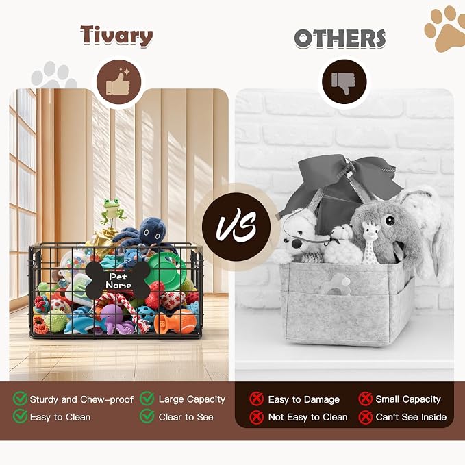 Dog Toy Basket, Foldable Metal Dog Toy Bin 15''×10.63''×8.27'' | Chew-Proof Basket with Handles, Pet Stuff Storage Organizer Box, Marker Pen, Portable Puppy Toys Basket for Living Room