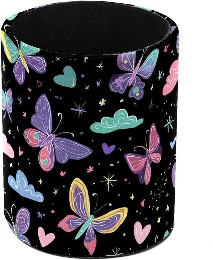 Faux Leather Pen Holder for Desk, Pencil Organizer Colorful Butterflies Pen Cup Desk Decor Makeup Brush Holder Storage for Office Home