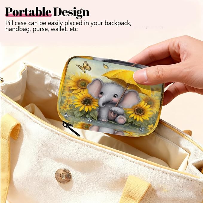 Travel Pill Organizer Cute Elephant Umbrella Sunflower Pill Case