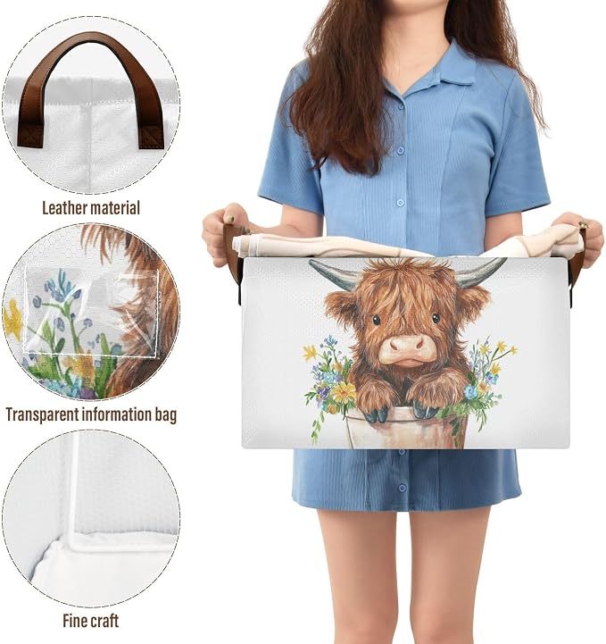 Cute Highland Cow in Flower Pot Storage Bins for Shelves with Labels&Handles Fabric Organizer Bin Foldable Rectangle Storage Basket Boxes for Closet, Bathroom, Home, Living Room, 2 Pack