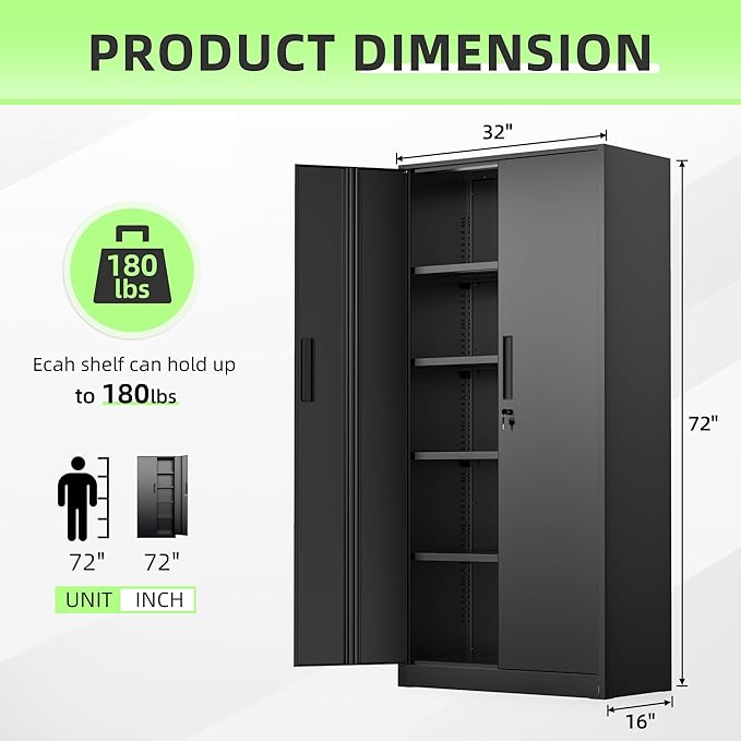 Crownland 72" Metal Storage Cabinet, Lockable Garage Storage Cabinets, High Office Cabinet with Adjustable Shelves for Garage, Home Office, Classroom, Pantry(Classic Black-Narrow Size)