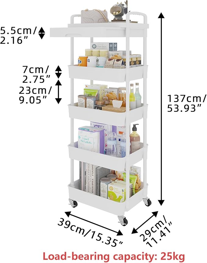 Calmootey 5-Tier Utility Cart with Drawer & Wheels, Storage for Home,Office | Space-Saving Organizer, Sturdy Plastic Shelves, Smooth-Rolling Metal Wheels, Built-in Drawer for Small Items, White