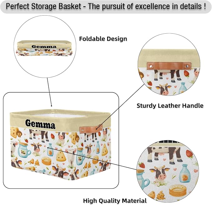 Custom Storage Basket, Personalized Name Rectangle Organizer Bin Cartoon Cow Cheese Milk for Pet/Children Toys, Books, Clothes, Perfect for Rooms/Playroom