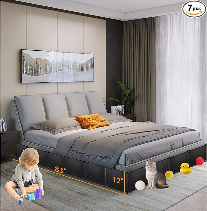 7 Pack Under Bed & Couch Blocker for Pets and Toys - 83" Length, 11.8" Height for One Side of Queen Bed | Includes Sticky Tape, Connectors & Zip Ties - Black