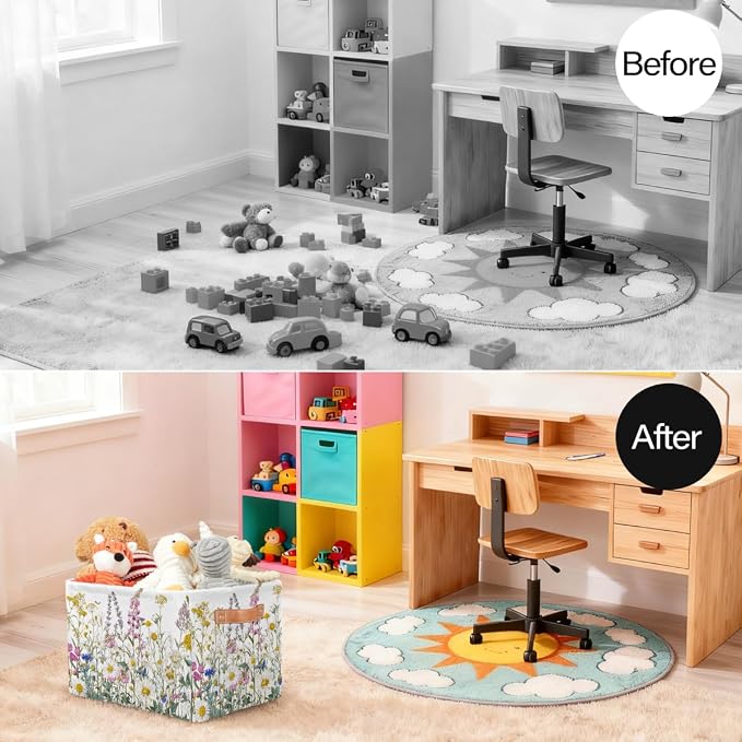 Pardick Storage Baskets Bin, Spring Wildflowers Floral Collapsible Canvas Fabric Storage Bin Decorative Baskets Toy Organizer Rectangle Storage Boxes with handles for Home Shelves Nursery,Q-4