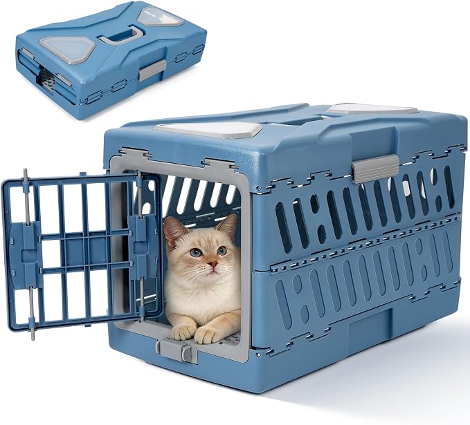 Pet Carrier for Cats & Small Dogs, Foldable Hard Cat Carrier | 2-Door Safety Lock, 360° Fully Breathable, Visible Windows, Washable Home & Outdoor Pet Travel Kennel, Up to 22Lbs