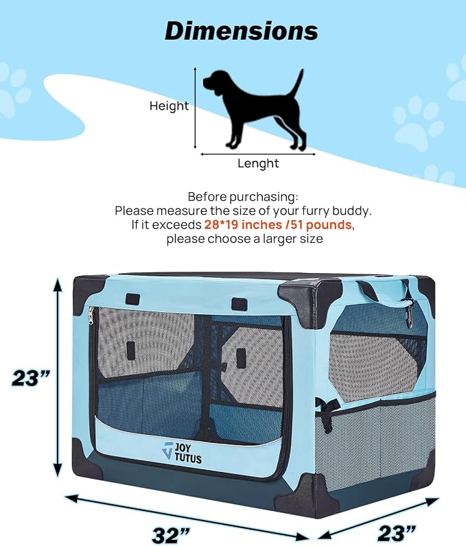 JOYTUTUS Collapsible Dog Crate, 32 Inch Portable Pet Crate for Car, Travel Dog Kennel Foldable Dog Crate for Large Dog 50lbs, Soft Cat Carrier Fit for Indoor & Outdoor/Trunk (Blue)