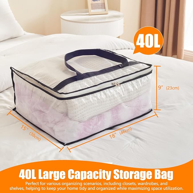 MKOKYD 40L Clear Storage Bags for Blanket, Clothes, Comforter, Bedding, Sheet, Pillow - Closet Organizers and Storage Containers, Under Bed Storage Bag with Zipper (Black, 4 Pack)