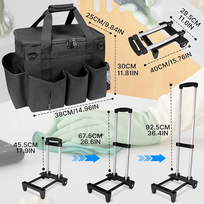 LIWSHWZ Large Rolling Cleaning Caddy Bag with Detachable Trolley & Lid,Cleaning Supplies Organizer on Wheels with Multi Pockets for Cleaning Tools Storage,Housekeepers, Black