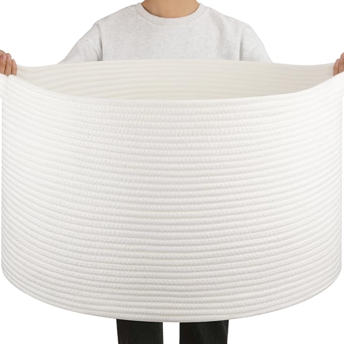 OIAHOMY 90L Extra Large Blanket Basket - Decorative Cotton Rope Storage Basket for Bedroom, Living Room & Nursery - Woven Laundry Hamper for Organizing Blankets, Clothes & Toys - White