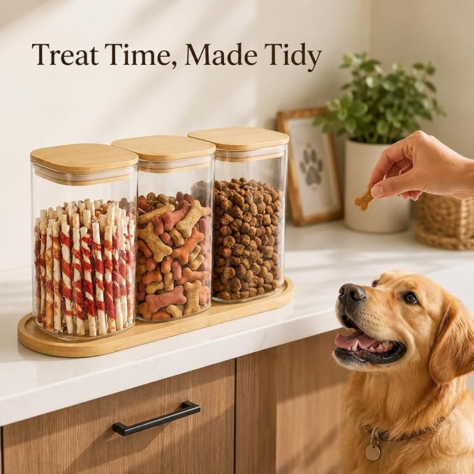 Dog Treat Container, Large Dog Treats Container, Farmhouse Wood Pet Treats Storage Organizer for Dog Food Storage Container, with 3 Glass Jars, Cat Dog Biscuit Dispenser, Great Gift for Pet Dog Owners